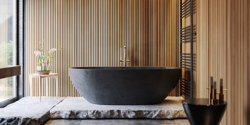 Décoration salle de bain tasseaux brut artisanale elementti